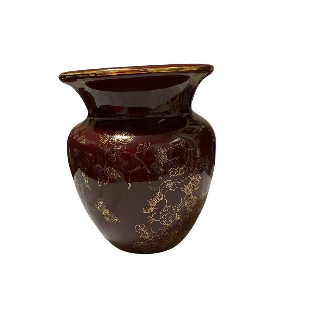 Vintage Small Oxblood Royal Haeger Urn With Gold Floral and Butterflies